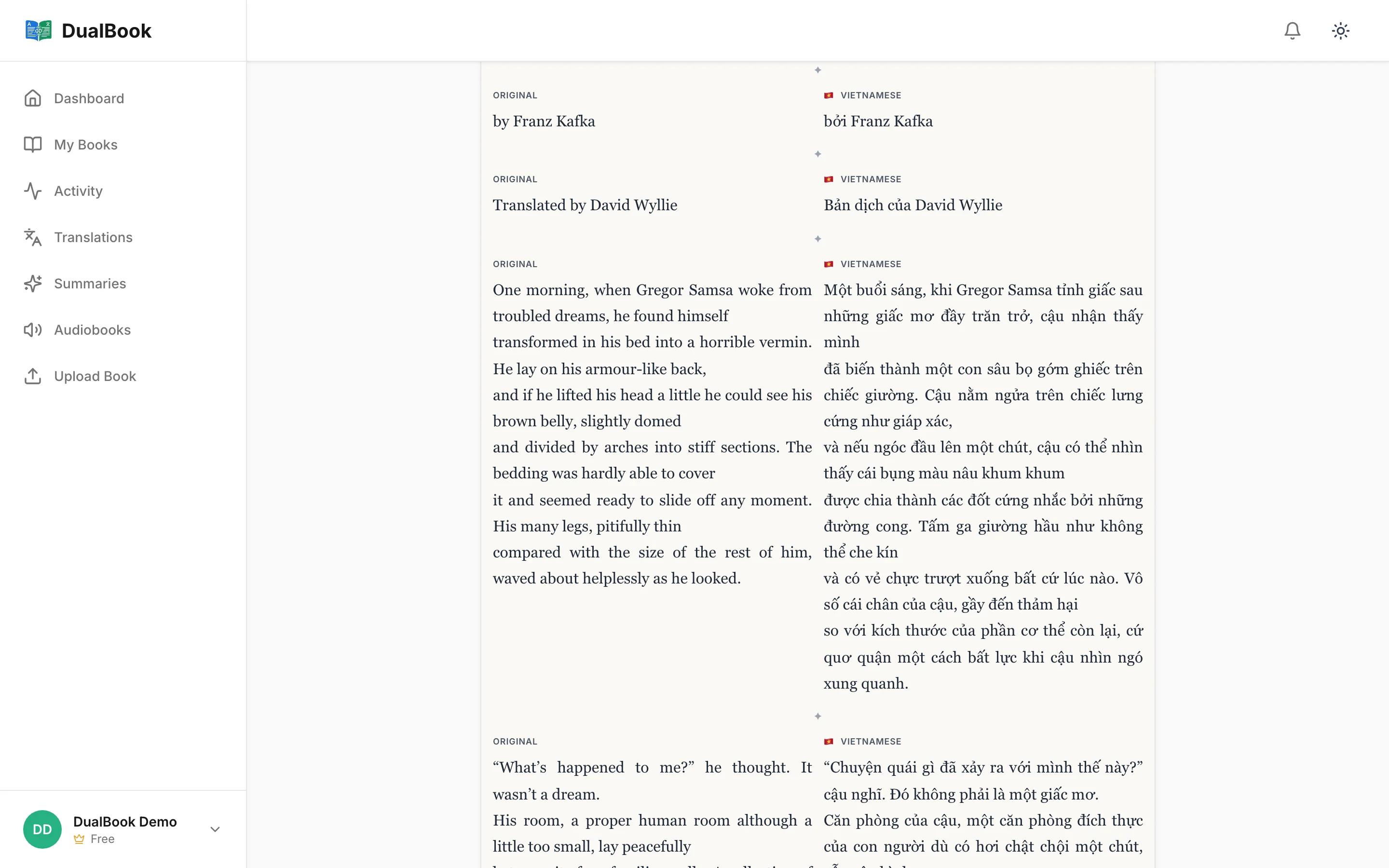 The bilingual reader with original and translation side by side