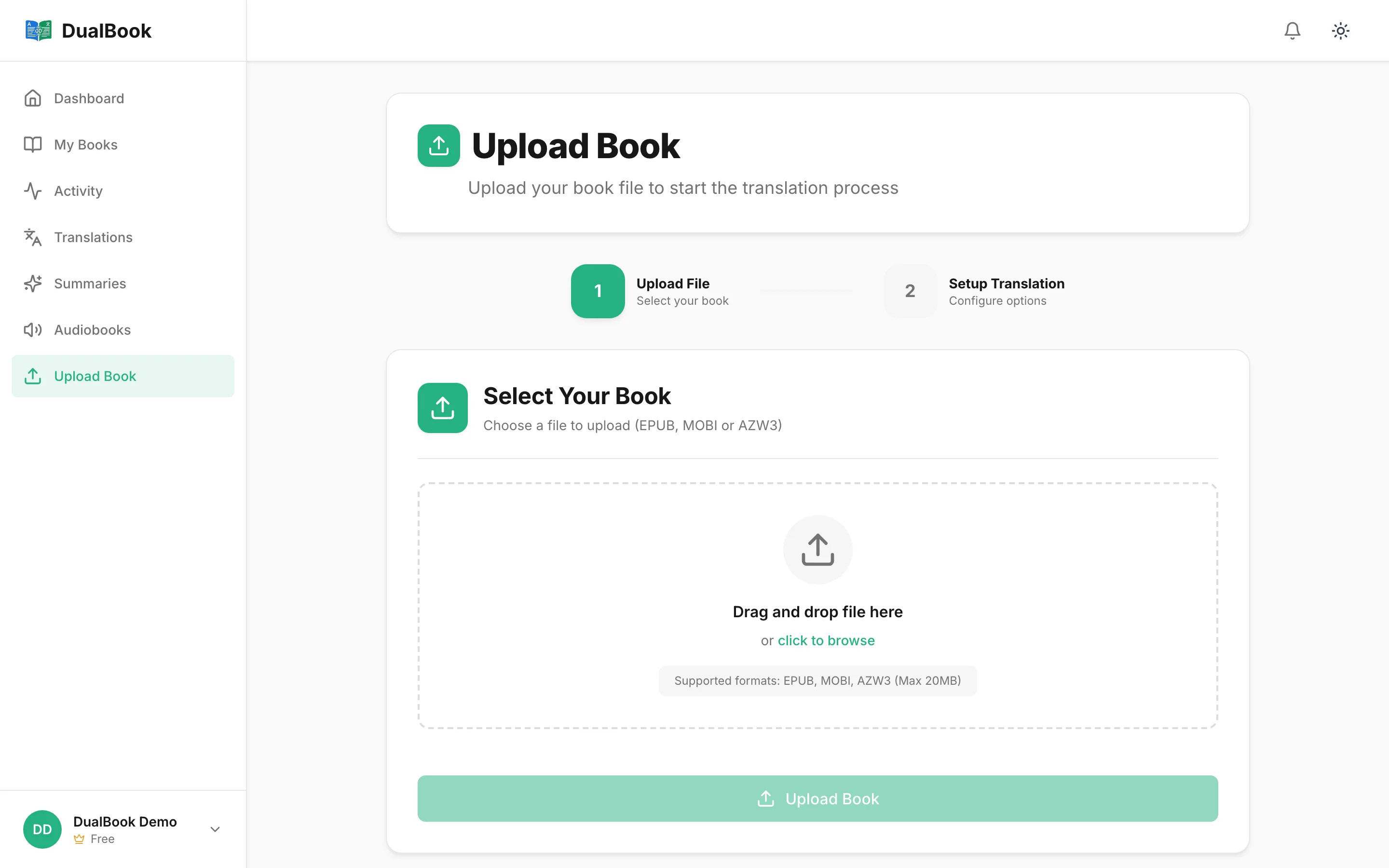 Uploading an EPUB file to DualBook