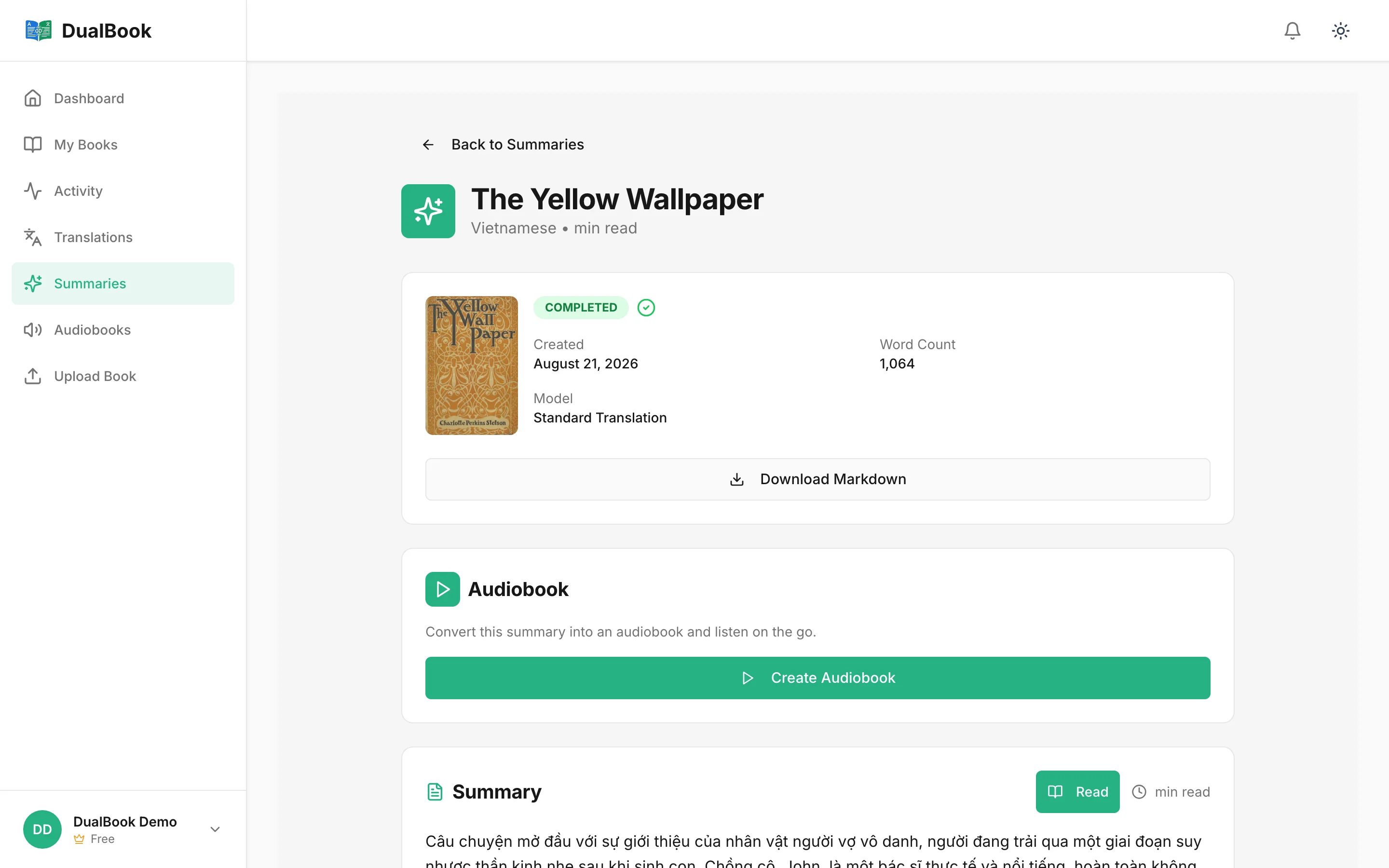 A generated book summary in DualBook