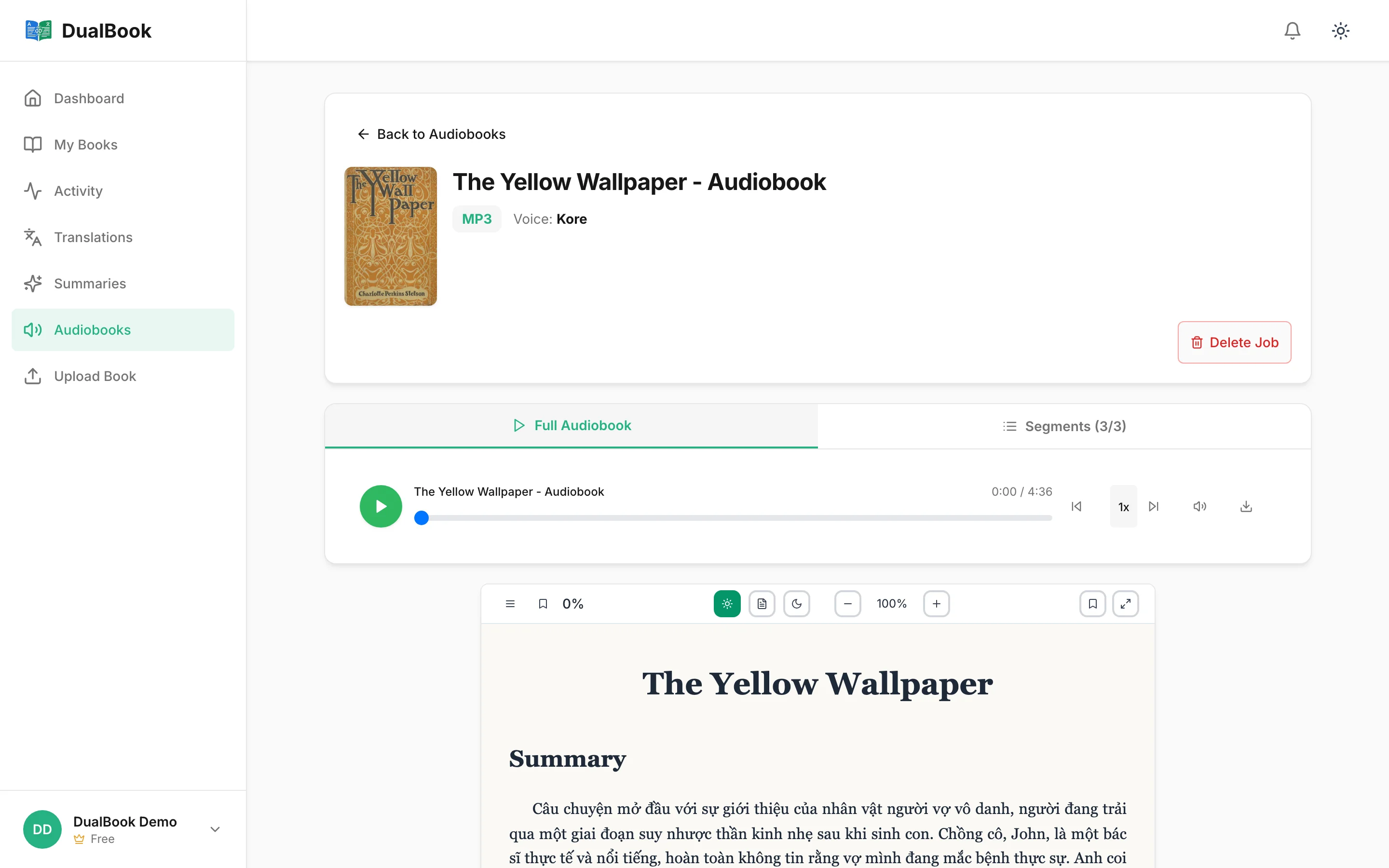 Generating an audiobook from a translated book in DualBook