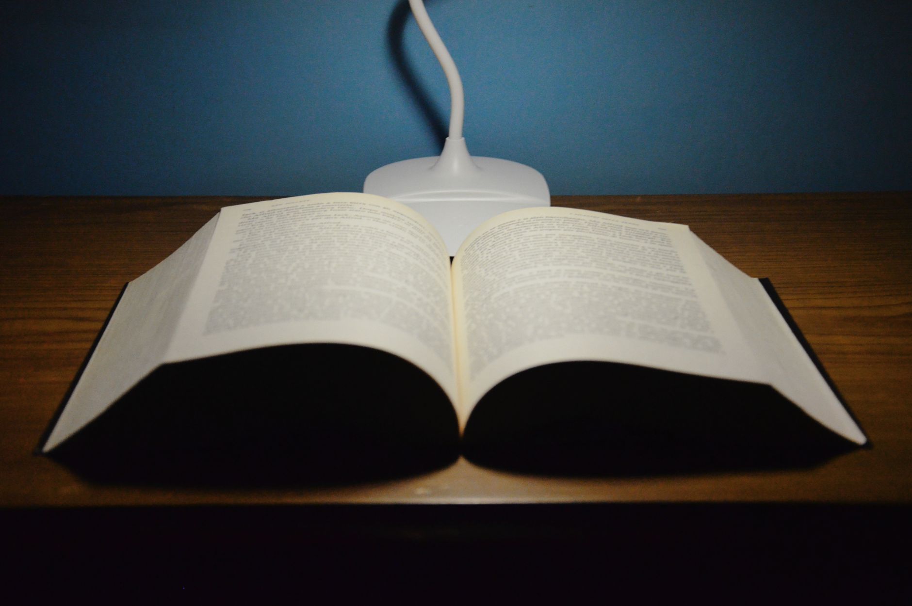 An opened textbook on a desk under a lamp